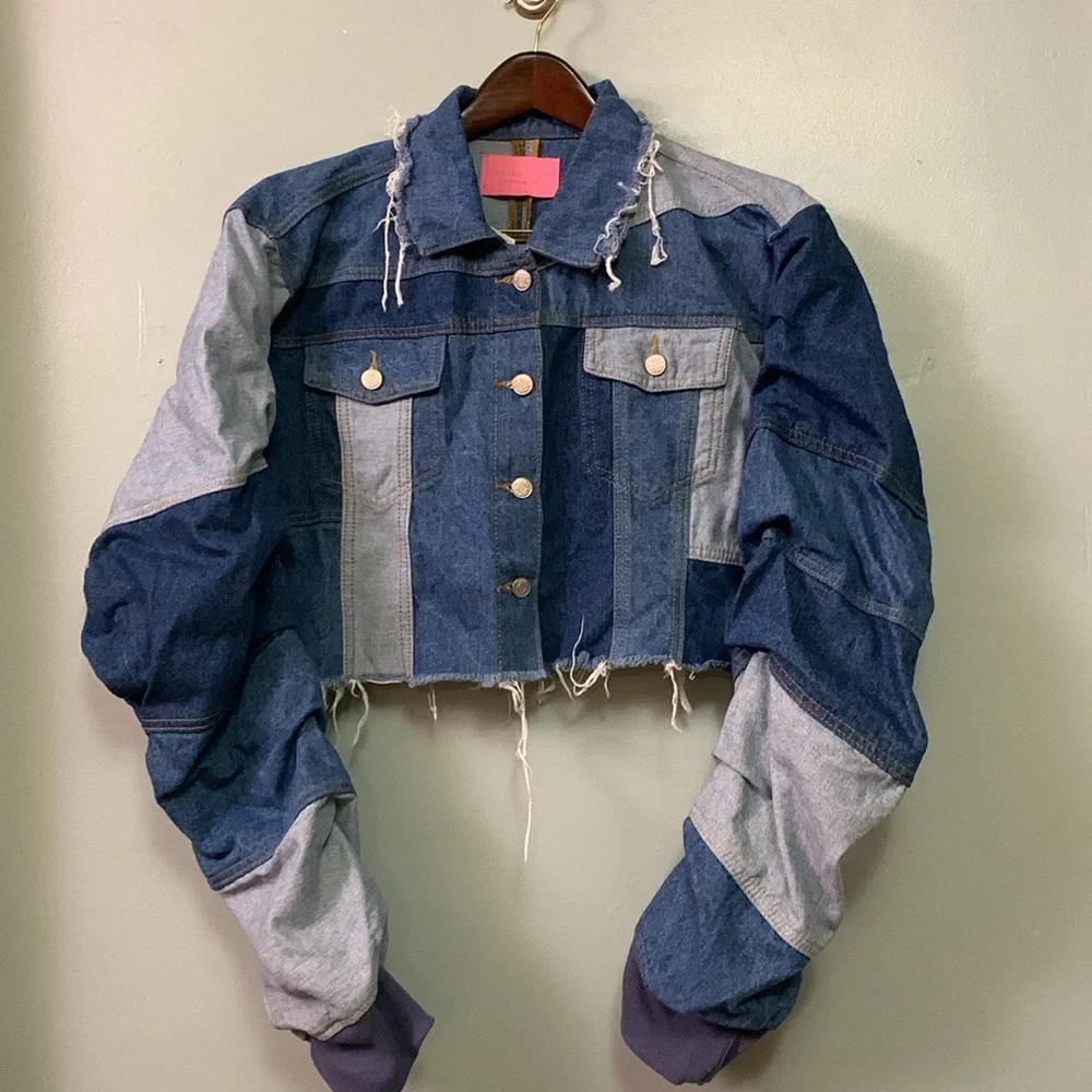 NWT AZALEA WANG ALL PATCHED UP PATCHWORKED  CROP DENIM JACKET - Picture 9 of 14